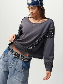 Bohemela 女款純色拼接亮片圓領落肩長袖休閒衛衣 - 灰色 - 查看 7