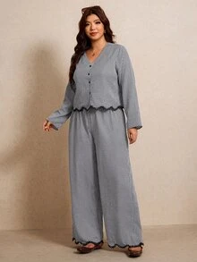 Elaquor 大尺碼女款格紋長袖單排扣襯衫與長褲休閒兩件套 秋季 - 黑與白 - 查看 4