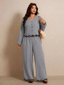 Elaquor 大尺碼女款格紋長袖單排扣襯衫與長褲休閒兩件套 秋季 - 黑與白 - 查看 5