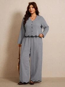 Elaquor 大尺碼女款格紋長袖單排扣襯衫與長褲休閒兩件套 秋季 - 黑與白 - 查看 6