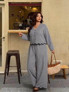 Elaquor 大尺碼女款格紋長袖單排扣襯衫與長褲休閒兩件套 秋季 - 黑與白 - 查看 2