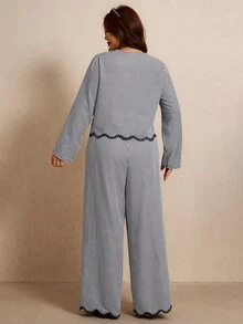 Elaquor 大尺碼女款格紋長袖單排扣襯衫與長褲休閒兩件套 秋季 - 黑與白 - 查看 3