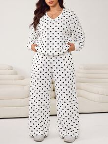 SHEIN EZwear 大尺碼女款波點印花長袖運動衫與長褲休閒套裝 - 黑與白 - 查看 5