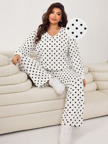 SHEIN EZwear 大尺碼女款波點印花長袖運動衫與長褲休閒套裝 - 黑與白 - 查看 4