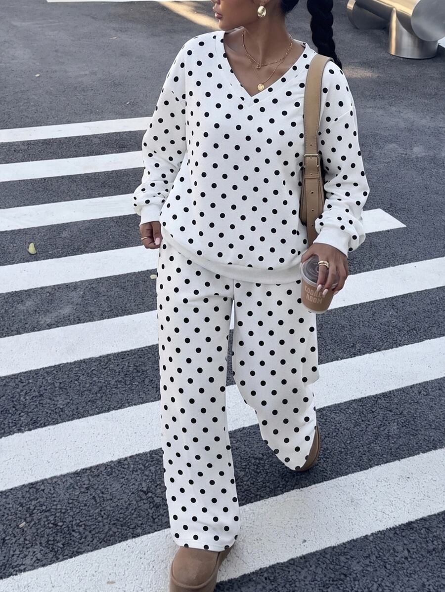 SHEIN EZwear 大尺碼女款波點印花長袖衛衣與長褲休閒套裝 秋季 - 黑與白 - 查看 1
