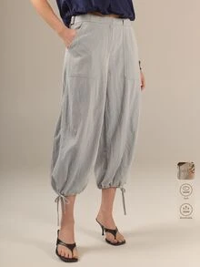 KÆRIA Hus Tie Hem Balloon Trousers - Soft Touch Drape - Light Grey, Relaxed Fit, Modern Casual, Everyday, Luxe Feel Everyday Vacation Autumn - Grey - View 9