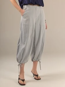 KÆRIA Hus Tie Hem Balloon Trousers - Soft Touch Drape - Light Grey, Relaxed Fit, Modern Casual, Everyday, Luxe Feel Everyday Vacation Autumn - Grey - View 3