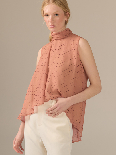 KÆRIA Hus Draped Halter Neck Blouse - Georgette - Dusty Pink Polka Dot - Feminine, Office Wear Office Work, Fluid Shape, Easy Summer Elegant