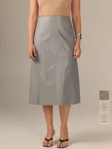 KÆRIA Hus Panelled Mid Skirt - Soft PU Leather - Blue Grey - Minimal, Versatile, Refined, Elevated Casual - Grey - View 6