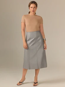 KÆRIA Hus Panelled Mid Skirt - Soft PU Leather - Blue Grey - Minimal, Versatile, Refined, Elevated Casual - Grey - View 2