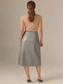 KÆRIA Hus Panelled Mid Skirt - Soft PU Leather - Blue Grey - Minimal, Versatile, Refined, Elevated Casual - Grey - View 3