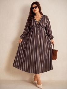 Elaquor Plus Size Vacation Casual Striped Dress Fall - Multicolor - View 4