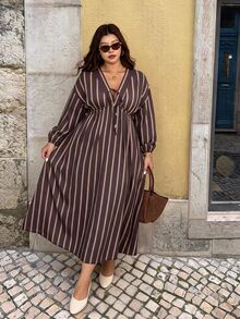 Elaquor Plus Size Vacation Casual Striped Dress Fall - Multicolor - View 7