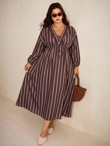 Elaquor Plus Size Vacation Casual Striped Dress Fall - Multicolor - View 8