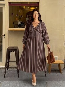 Elaquor Plus Size Vacation Casual Striped Dress Fall - Multicolor - View 2