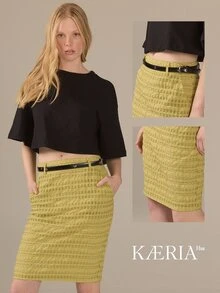 KÆRIA Hus 學院風休閒鉛筆裙－紋理編織－黃色－雙件套裝，度假、度假村、日常、提升職場辦公秋季 - 綠色 - 查看 7