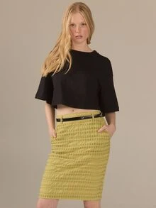 KÆRIA Hus 學院風休閒鉛筆裙－紋理編織－黃色－雙件套裝，度假、度假村、日常、提升職場辦公秋季 - 綠色 - 查看 1