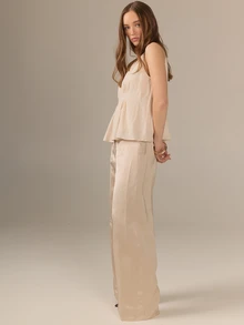 KÆRIA Hus Pintuck Gathered V-Neck Peplum Top - Washed Rayon - Beige - Feminine, Office Wear, Office, Brunch, Premium Fabric, Summer, Elegant - Khaki - View 8