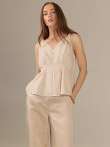 KÆRIA Hus Pintuck Gathered V-Neck Peplum Top - Washed Rayon - Beige - Feminine, Office Wear, Office, Brunch, Premium Fabric, Summer, Elegant - Khaki - View 4