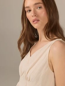 KÆRIA Hus Pintuck Gathered V-Neck Peplum Top - Washed Rayon - Beige - Feminine, Office Wear, Office, Brunch, Premium Fabric, Summer, Elegant - Khaki - View 9