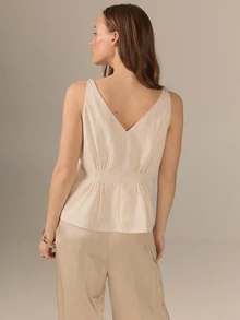 KÆRIA Hus Pintuck Gathered V-Neck Peplum Top - Washed Rayon - Beige - Feminine, Office Wear, Office, Brunch, Premium Fabric, Summer, Elegant - Khaki - View 2