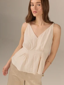 KÆRIA Hus Pintuck Gathered V-Neck Peplum Top - Washed Rayon - Beige - Feminine, Office Wear, Office, Brunch, Premium Fabric, Summer, Elegant - Khaki - View 6