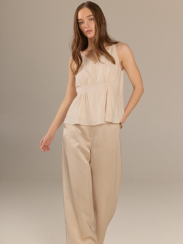 KÆRIA Hus Pintuck Gathered V-Neck Peplum Top - Washed Rayon - Beige - Feminine, Office Wear Office Brunch, Premium Fabric Summer Elegant