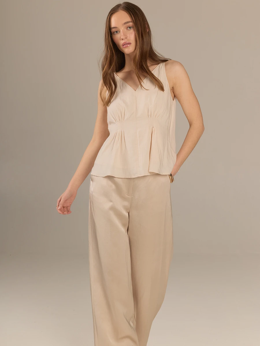 KÆRIA Hus Pintuck Gathered V-Neck Peplum Top - Washed Rayon - Beige - Feminine, Office Wear, Office, Brunch, Premium Fabric, Summer, Elegant - Khaki - View 1