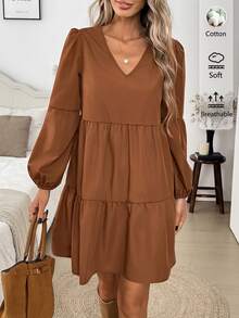 SHEIN LUNE 女款休閒秋冬V領通勤棕色棉質洋裝，女款秋季服飾，休閒洋裝，女款上班穿搭 - 棕色 - 查看 4