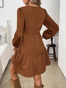 SHEIN LUNE 女款休閒秋冬V領通勤棕色棉質洋裝，女款秋季服飾，休閒洋裝，女款上班穿搭 - 棕色 - 查看 2
