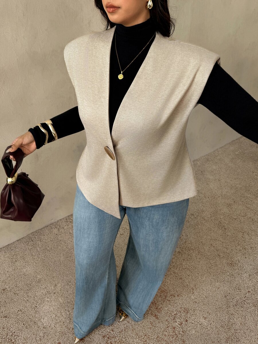 Auralis Plus-Size Khaki Open-Front Cropped Vest-A Comfortable, Casual Outerwear Piece For Autumn. - Khaki - View 1