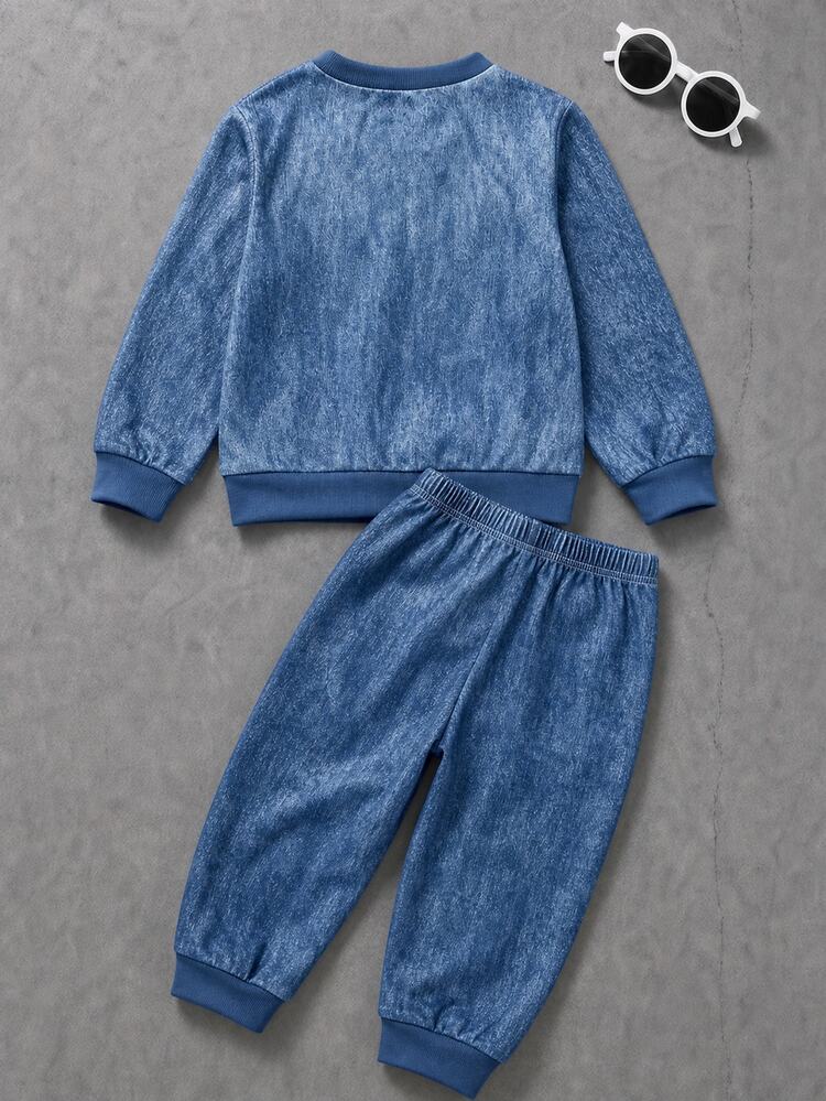 Genkimix Kids 2pcs/Set Young Boy Casual Streetwear Geometric Pattern Denim Effect Print Knit Crew Neck Pullover Sweatshirt With Matching Print Elastic Waist Cuffed Long Pants, Suitable For Casual Outings, Streetwear Style, American Vintage, Street Cool Style, Boys Sweatshirt Set, Boys Long Sleeve Long Pants Set, Suitable For 4-8Y - Blue - View 3