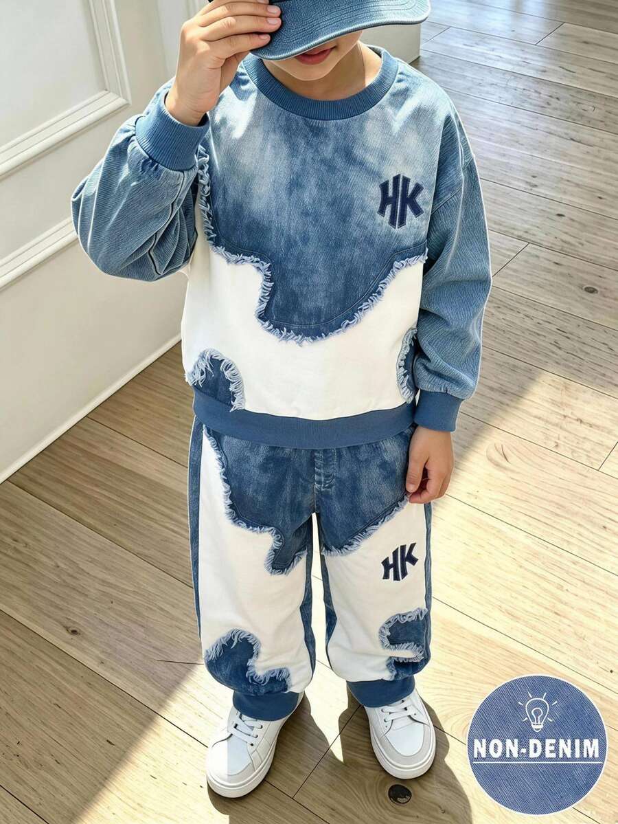 Genkimix Kids 2件組男童休閒運動服，大學街頭風幾何印花衛衣搭配同色系印花運動長褲