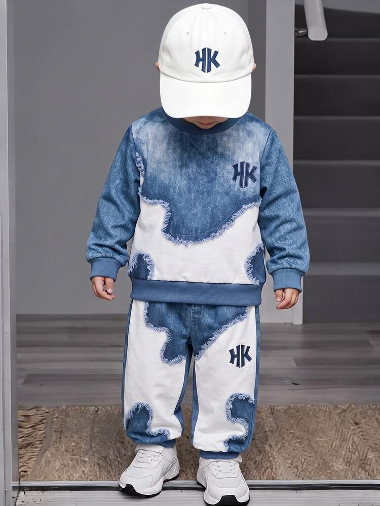 Genkimix Kids 2pcs/Set Young Boy Casual Streetwear Geometric Pattern Denim Effect Print Knit Crew Neck Pullover Sweatshirt With Matching Print Elastic Waist Cuffed Long Pants, Suitable For Casual Outings, Streetwear Style, American Vintage, Street Cool Style, Boys Sweatshirt Set, Boys Long Sleeve Long Pants Set, Suitable For 4-8Y - Blue - View 4