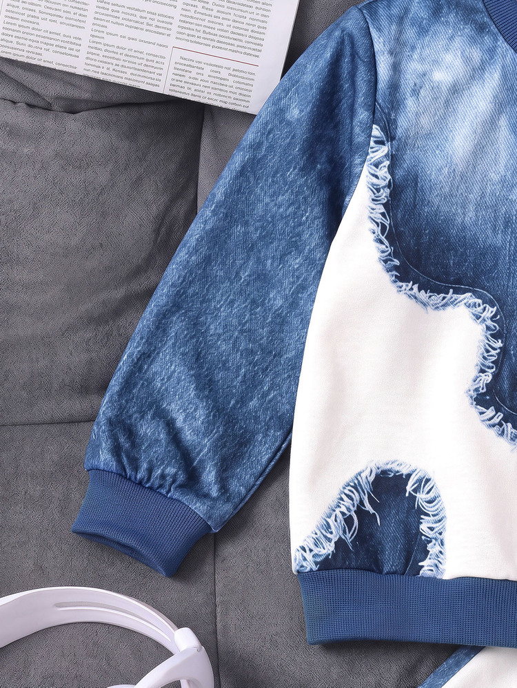 Genkimix Kids 2pcs/Set Young Boy Casual Streetwear Geometric Pattern Denim Effect Print Knit Crew Neck Pullover Sweatshirt With Matching Print Elastic Waist Cuffed Long Pants, Suitable For Casual Outings, Streetwear Style, American Vintage, Street Cool Style, Boys Sweatshirt Set, Boys Long Sleeve Long Pants Set, Suitable For 4-8Y - Blue - View 6
