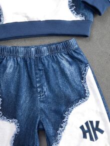 Genkimix Kids 2件組男童休閒運動服，大學街頭風幾何印花衛衣搭配同色系印花運動長褲 - 藍色 - 查看 9