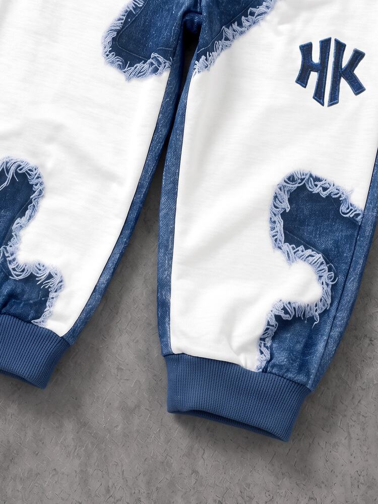 Genkimix Kids 2pcs/Set Young Boy Casual Streetwear Geometric Pattern Denim Effect Print Knit Crew Neck Pullover Sweatshirt With Matching Print Elastic Waist Cuffed Long Pants, Suitable For Casual Outings, Streetwear Style, American Vintage, Street Cool Style, Boys Sweatshirt Set, Boys Long Sleeve Long Pants Set, Suitable For 4-8Y - Blue - View 7
