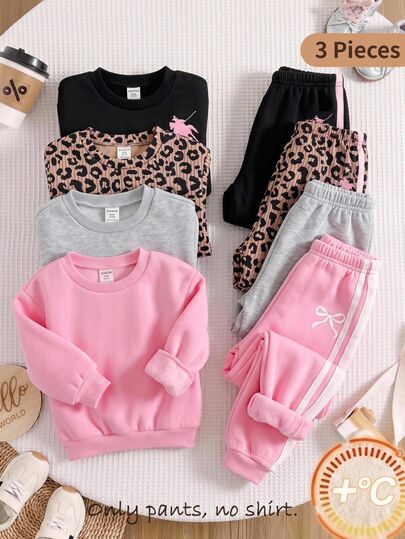 LMoss Kids Baby Girl Knit Solid Color Leopard Print Fitted Casual Bottoms 3 Pieces Set, Suitable For Autumn/Winter, Multi-Piece Combination, Webbing Patchwork, Fashionable & Comfortable, Fleece Lined
