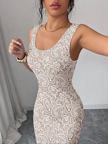 SHEIN Elenzya 精致印花中国风束腰开衩奢华复古中东阿联酋风格长袍，紧身剪裁，多色可选，无袖，高品质面料 - 杏色 - 查看 6