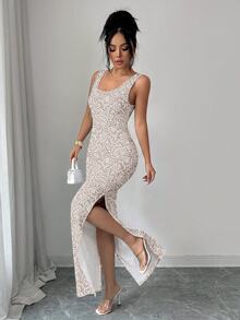 SHEIN Elenzya 精致印花中国风束腰开衩奢华复古中东阿联酋风格长袍，紧身剪裁，多色可选，无袖，高品质面料 - 杏色 - 查看 7