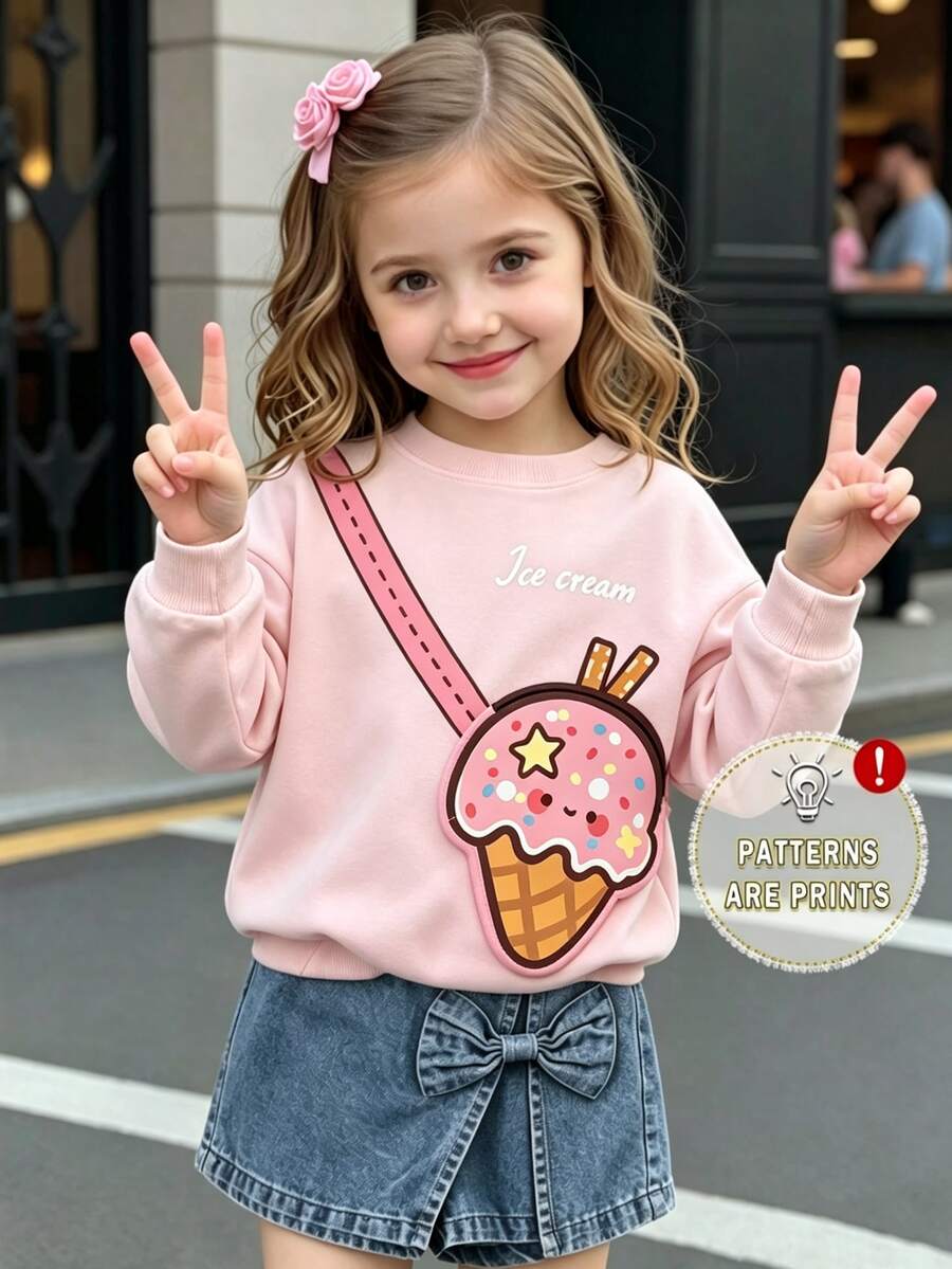 女童春夏秋冬休閒時尚創意個性簡約可愛冰淇淋斜挎包印花效果休閒風基本款圓領長袖衛衣,舒適日常穿著,適合春夏秋冬全季節穿搭,活潑氛圍上衣 - 彩色 - 查看 1