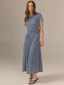 KÆRIA Hus Twist Waist Maxi Dress - Dimensional Jersey - Steel Blue Marle - Lined, Holiday, Modern, Comfortable - Mint Blue - View 2
