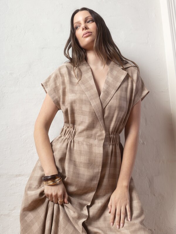 KÆRIA Hus Ulan Midi Cross Font Dress - Soft Volume, Pocket, Notch Lapel, Short Sleeve, Crossover, Midi Length, Wrap, Cinched Waist - Check - Casual
