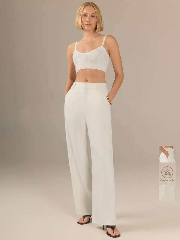 KÆRIA Hus Flat Front Straight Leg Trousers - Contour Crepe - White - Suit Set - Office, Work, Polished, Casual