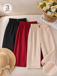 SHEIN Playful Pals 女童 3 件套紫色黑色春夏/秋冬休閒舒適日常泳裝，彈性腰帶配鈕扣裝飾，純色提花布料 - 彩色 - 查看 9