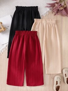 SHEIN Playful Pals 女童 3 件套紫色黑色春夏/秋冬休閒舒適日常泳裝，彈性腰帶配鈕扣裝飾，純色提花布料 - 彩色 - 查看 2