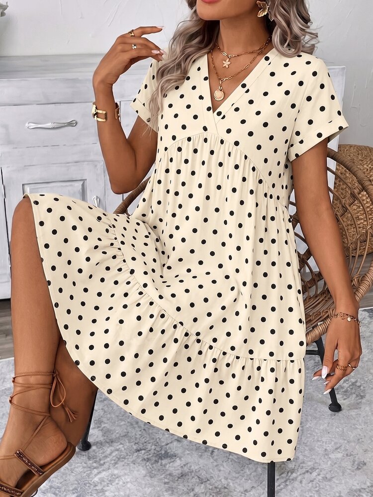 Comfylo Mother's Day Vacation Plus Size Women's V-Neck Short Sleeve Casual Boho Bohemian Retro White Pattern Comfortable Daily Dress, Summer Flowy Dress - Multicolor - View 5