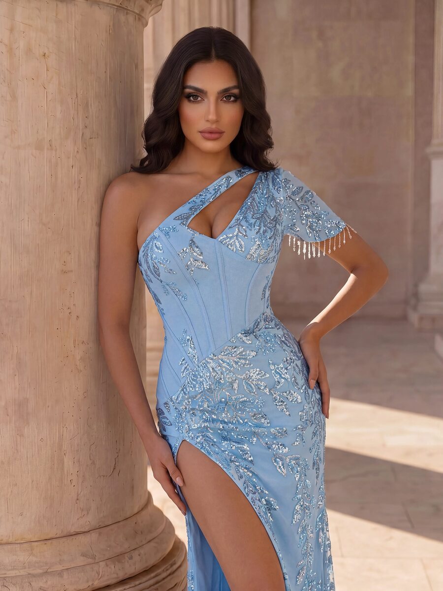 Coutiva Women's Sequin Fitted High Slit Evening Gown