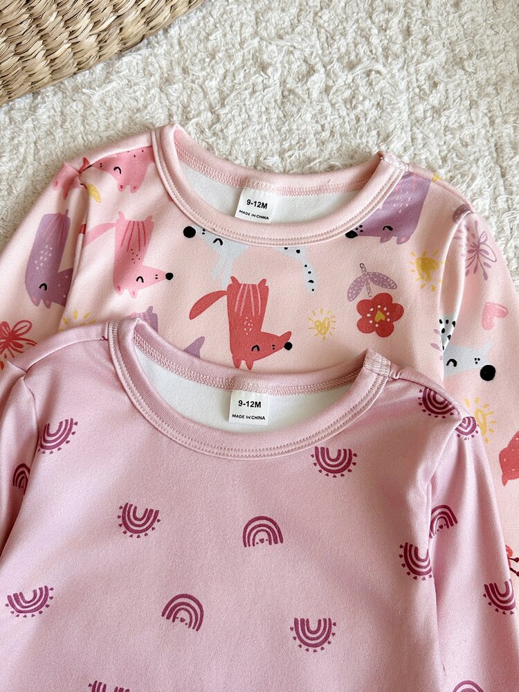 SHEIN Setelan Empat Potong Atasan Lengan Panjang dan Celana Rajut Bermotif Lucu untuk Bayi Perempuan, Potongan Ramping, Cocok untuk Musim Gugur dan Musim Dingin, Motif Menggemaskan. Pas di Badan. - MultiWarna - View 3