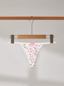 Lowkey Lull 3pcs/Set Women's Bow Lace Patchwork Floral Print Thong Panties - Multicolor - View 4